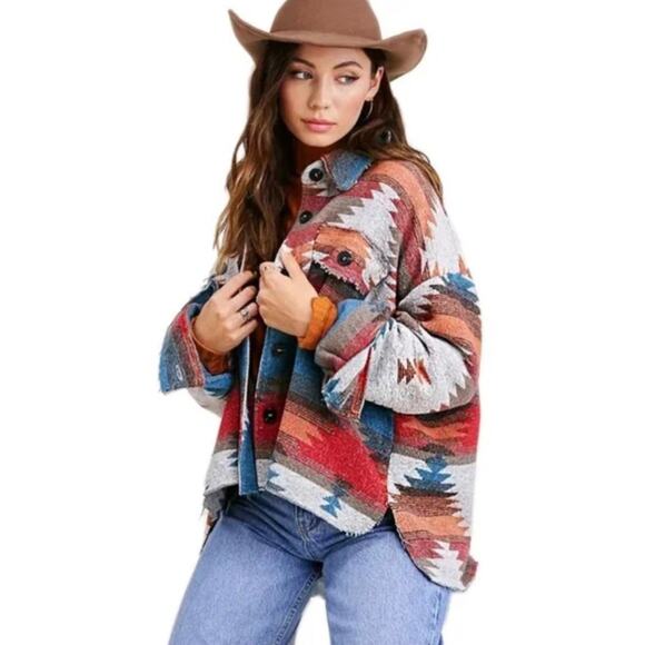 LA MIEL Jackets & Blazers - La Miel Womens Jacket Small Southwest Aztec Oversized Button Down Lightweight